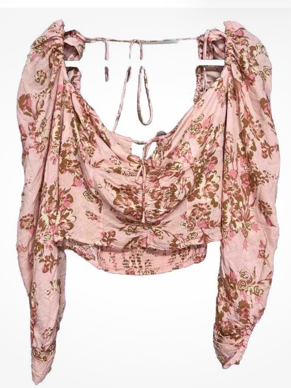 Free People Pink Floral Puff-Sleeve Crop Blouse